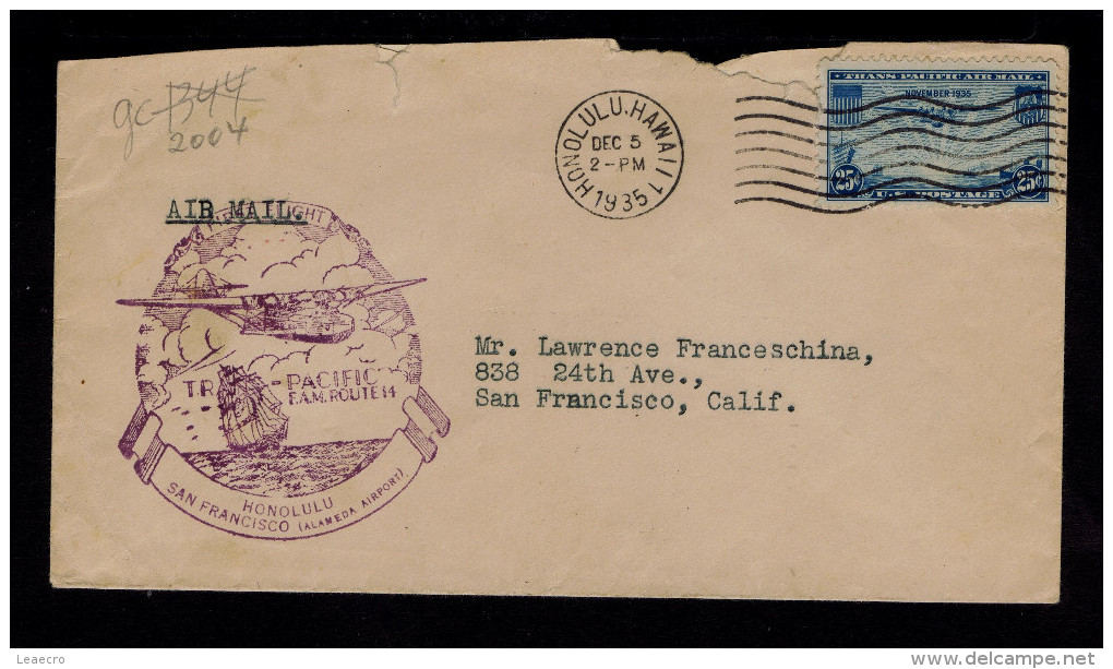 USA HONOLULU 5-12-1935 SAN FRANCISCO 6/12 FIRST FLIGTH As Old Epoch Sailling TRAN-PACIFIC F.A.M. ROUTE 14 Gc2004 - Other (Sea)
