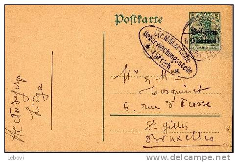 Belgique - Carte Postale (timbre Préimprimé) Ayan Circulé Avec Cachet De Censure Allemande De LIEGE - Deutsche Besatzung
