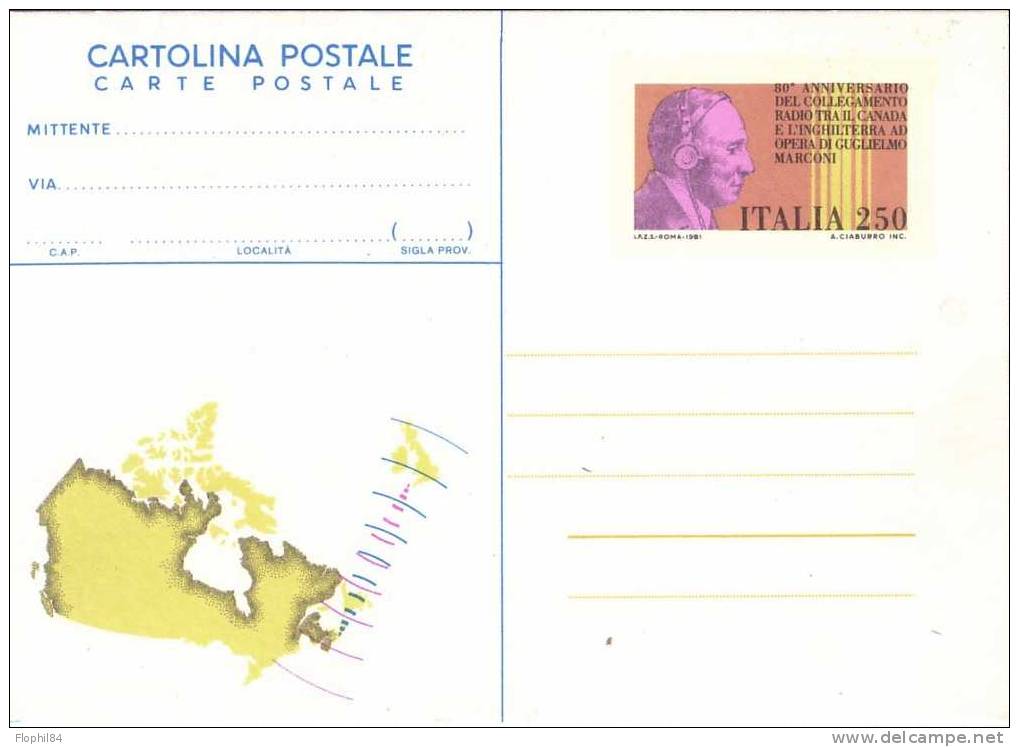 ITALIE-ENTIER POSTAL NEUF-ILLUSTREE ANNIVERSAIRE LIAISON RADIO CANADA GB PAR MARCONI - Entiers Postaux