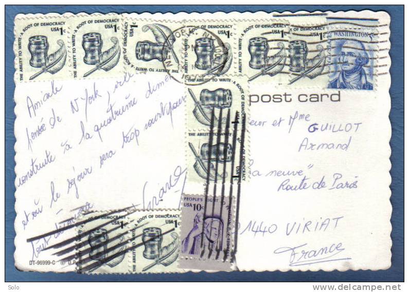 Sur CP Pourla France (Viriat Dans L'Ain) - CAD NEW-YORK Sur 12 Timbres Poste - Briefe U. Dokumente