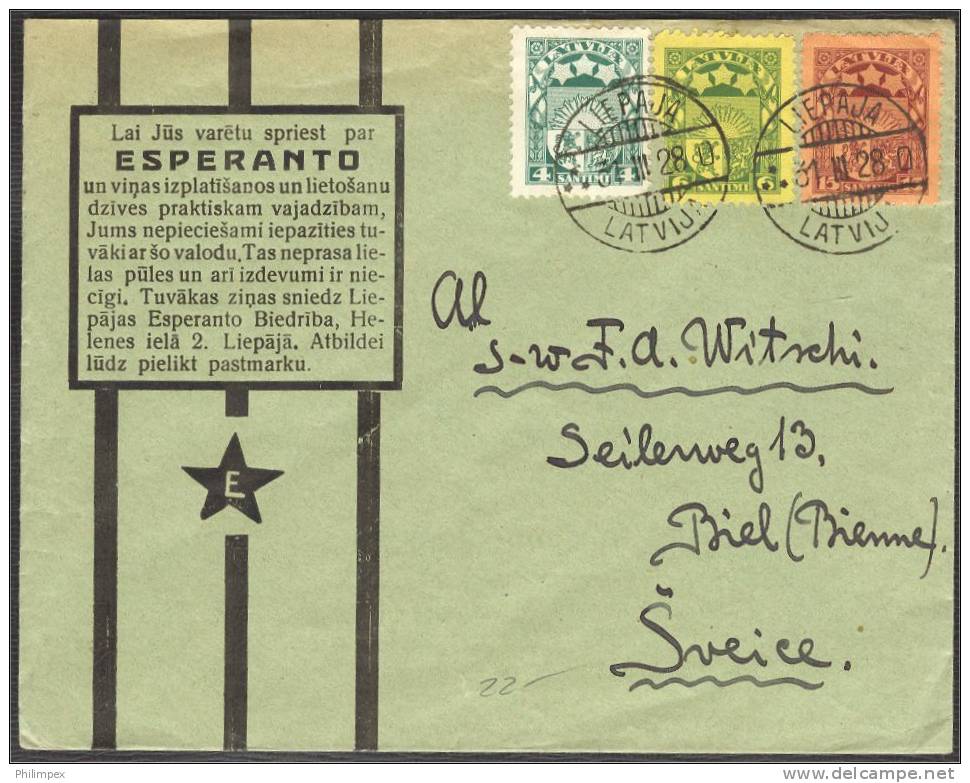 LATVIA, 3 COLOR FRANKING 4S + 6S +15S = 25S TO SWITZERLAND 1928 - Lettonie