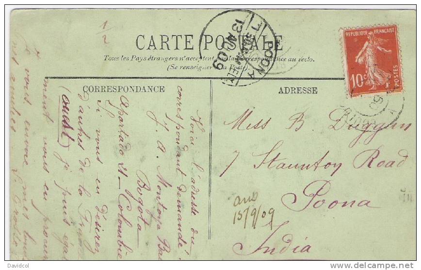 S831.-.FRANCE.- CIRCULATED POSTCARD FRANCE TO POONA-INDIA.- 1909.- - Brieven En Documenten