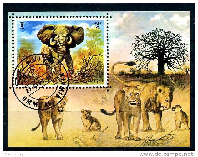 ELEPHANT / LION  / BLOC FEUILLET / UMM AL QIWAIN 1971 - Elefanten