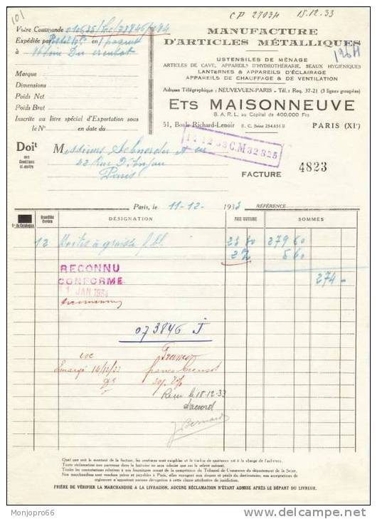 Facture Des Etablissements MAISONNEUVE De Paris Et De 1933 - Droguerie & Parfumerie