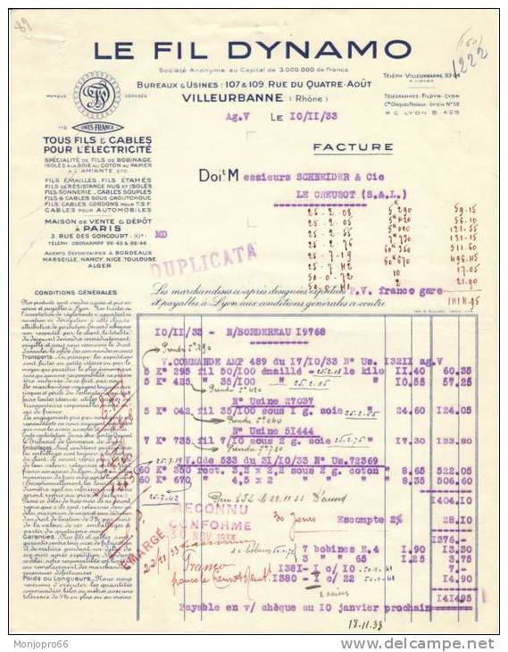 Facture De La Société LE FIL DYNAMO De Villeurbanne Et De 1933 - Electricité & Gaz