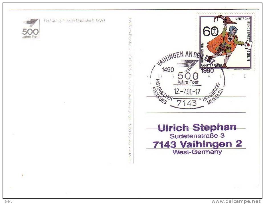 ALLEMAGNE Berlin - Carte Postale/ DEUTSCHLAND Berlin AK. 29/10/1990 Vaihingen - Yvert 813 - Postillione Hessen Darmstadt - Lettres & Documents