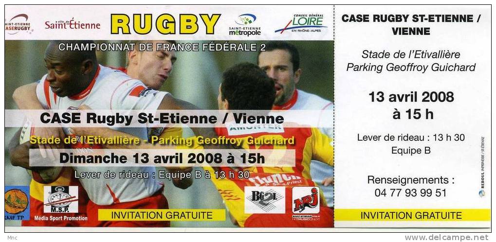 BILLET Du Match CASE Rugby Saint Etienne-Vienne - Rugby