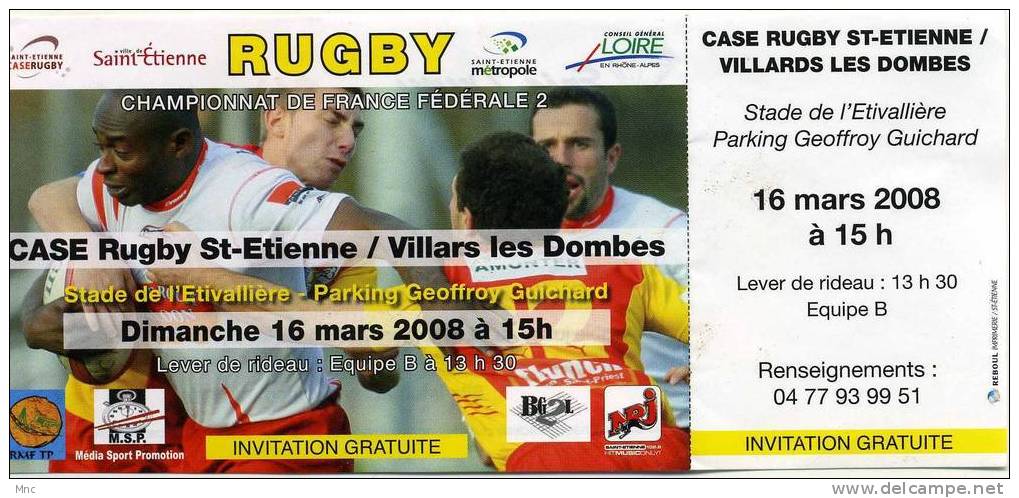 BILLET Du Match CASE Rugby Saint Etienne-Villars Les Dombes - Rugby