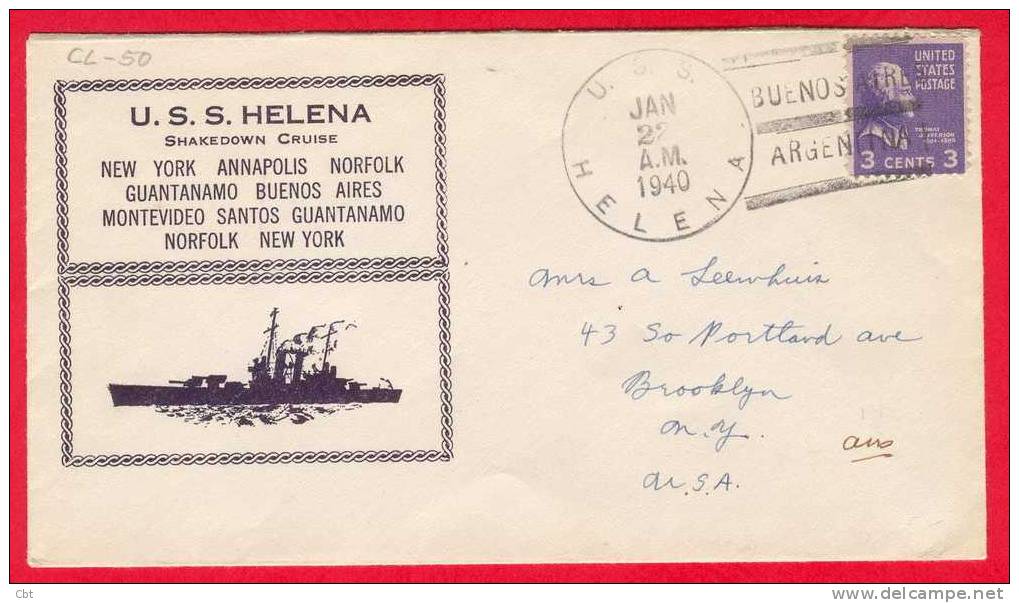 Lettre USS HELENA Oblitérée USS HELENA - BUENOS AIRES ARGENTINE  Dans Le KILLER Trois Bandes - JAN 22 A.M. 1940  (1140) - Storia Postale