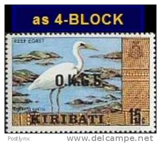 CV:&#8364;93.53   KIRIBATI 1981 Bird 15c Wmk Paper Large Ovpt./O.K.G.S/ 4-BLOCK   [Aufdruck,surimprimé,sobreimpreso,s - Kiribati (1979-...)