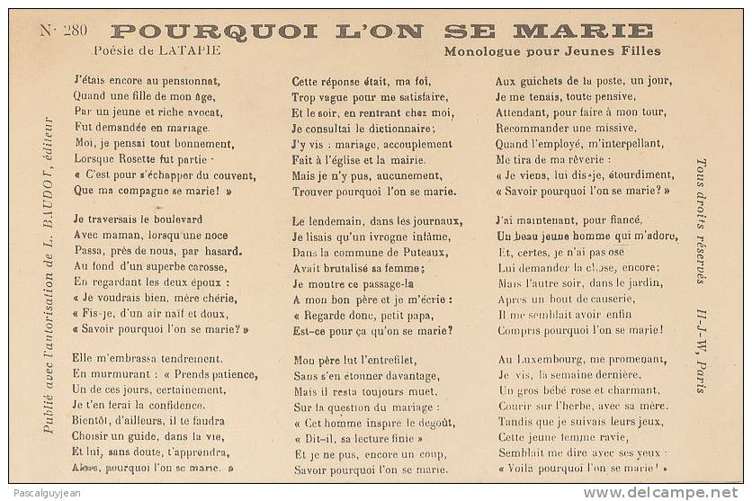 CPA " POURQUOI L'ON SE MARIE " - Monologue Pour Jeunes Filles - Poésie De Latapie - Philosophy