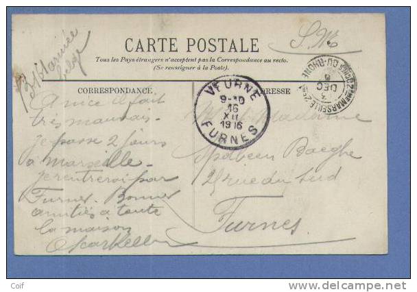 Kaart Met Stempel MARSEILE Naar VEURNE / FURNES Op 16/12/1916 - Zone Non Occupée