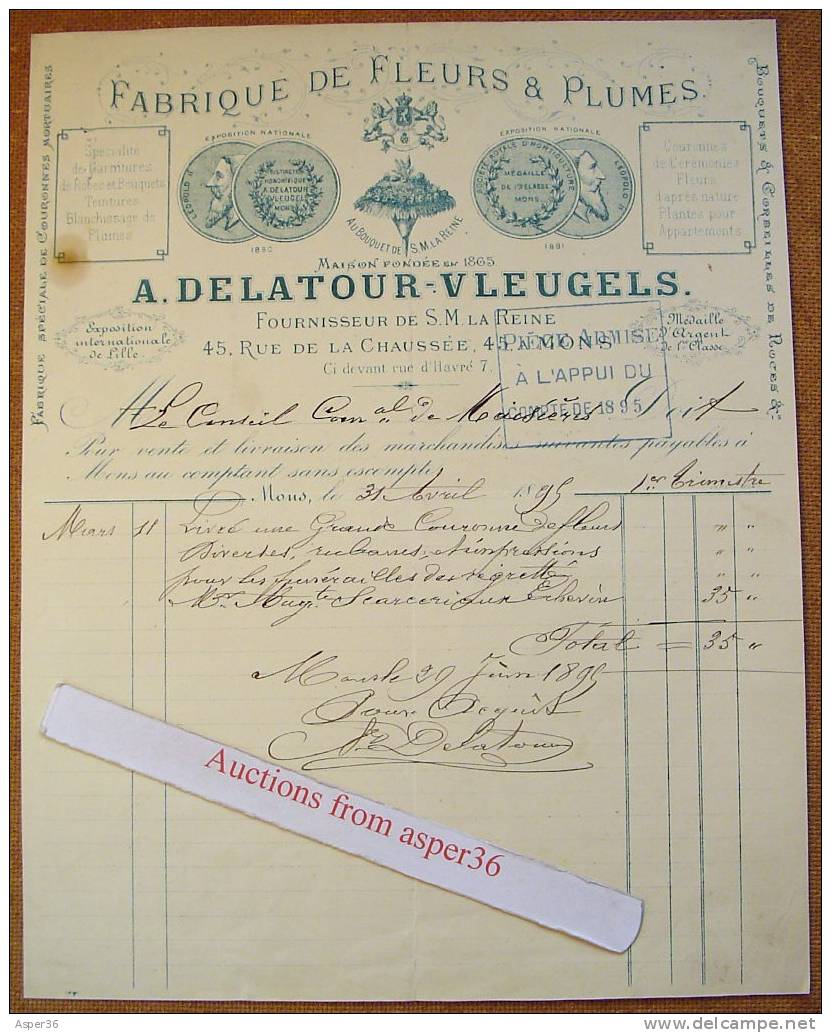 Facture "Fabrique De Fleurs & Plumes, Delatour-Vleugels, Mons 1895" - 1800 – 1899