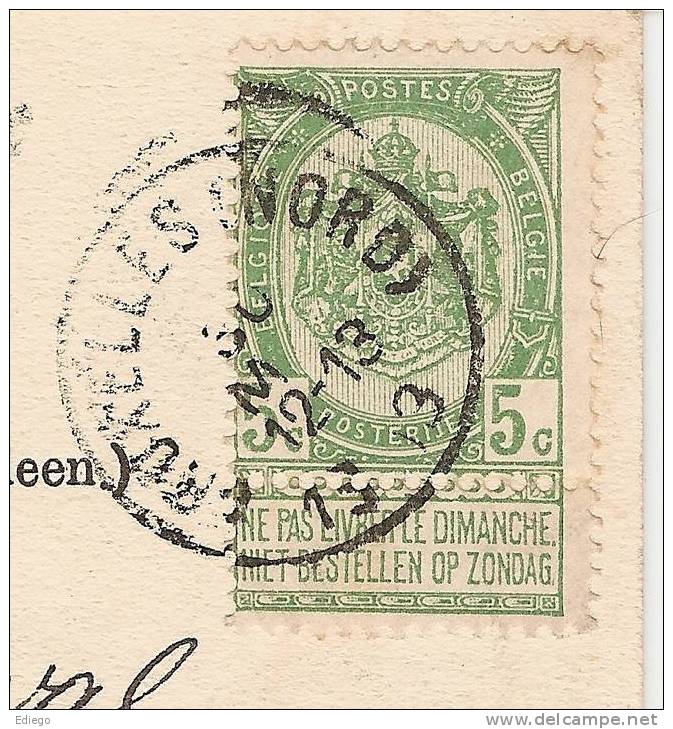 TIMBRES 5C 30 MAI 1903 STEMPEL BRUXELLES NORD VIA GENEVE SUR CARTE POSTALE EGLISE D´UCCLE - 1893-1907 Wappen