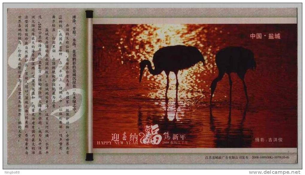 Crane Bird,China 2008 Yanfcheng New Year Greeting Advertising Pre-stamped Card - Kranichvögel