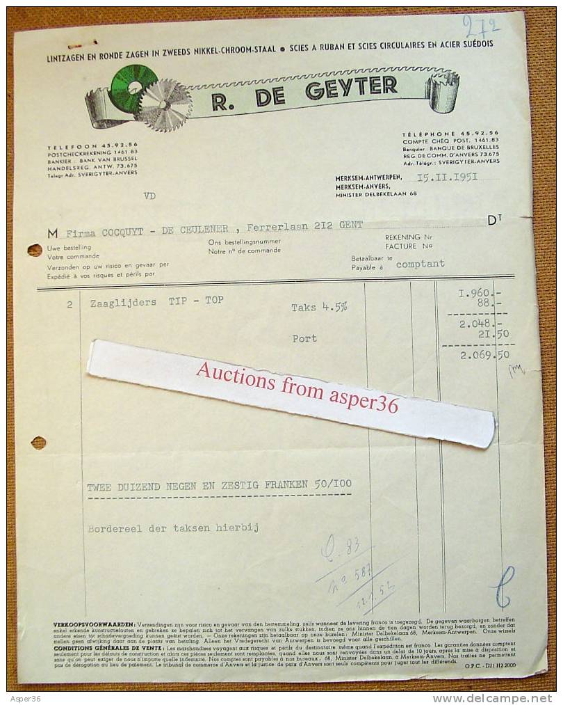 Factuur "Lintzagen, R. DE Geyter, Merksem 1951" - 1950 - ...