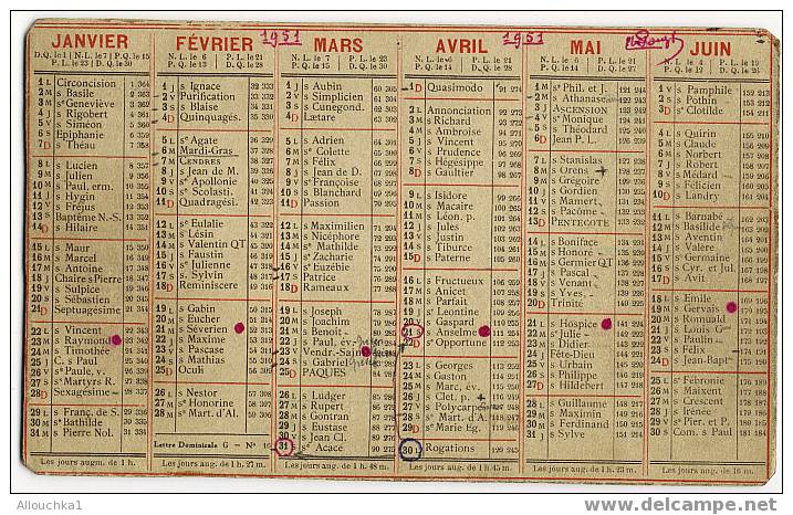 1 (un)  CALENDRIER FORMAT MOYEN DE 1951 "A SERVI "    "RARE & "ASSEZ DIFFICILE A TROUVER" - Tamaño Grande : 1941-60