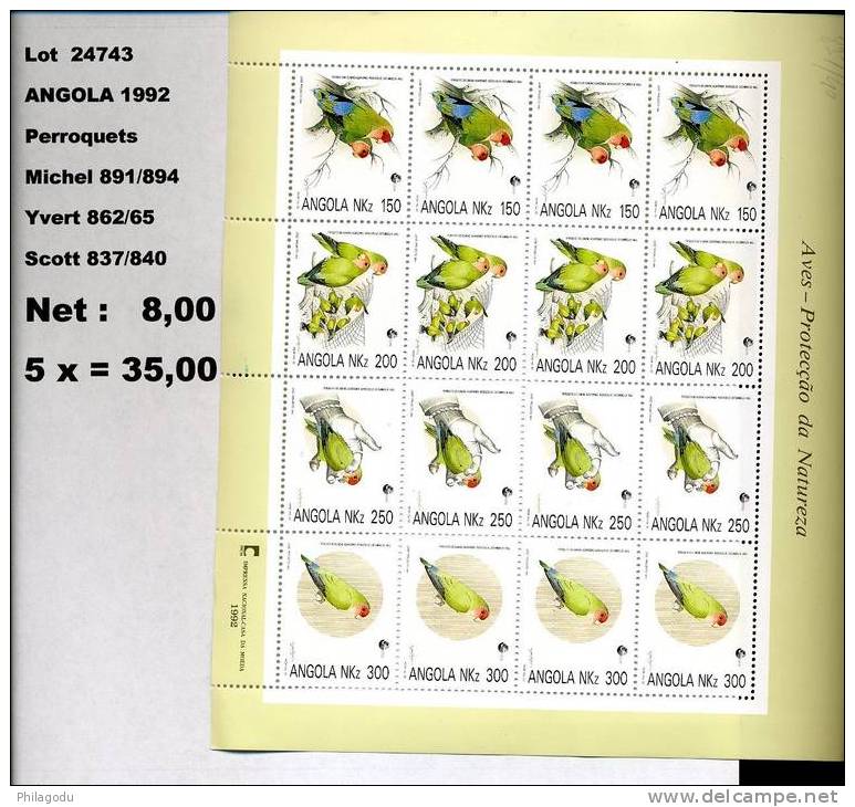 Angola 1992  Perroquet Protection Oiseaux  Yv 862/865 Michel 891/894  Scott 837/840 ++  5x  Kleinbogen 4 Satze - Papagayos