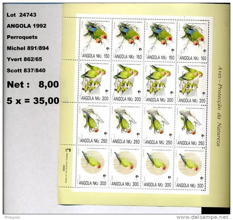 Angola 1992  Perroquet Protection Oiseaux  Yv 862/865 Michel 891/894  Scott 837/840 ++ Kleinbogen 4 Satze - Pappagalli & Tropicali