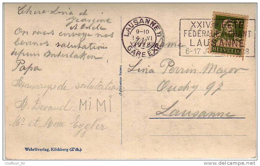 Vingt-quatrième Fête Fédérale De Chant, Lausanne 6-17 Juin 1928 / Verso: Interlaken - Postage Meters