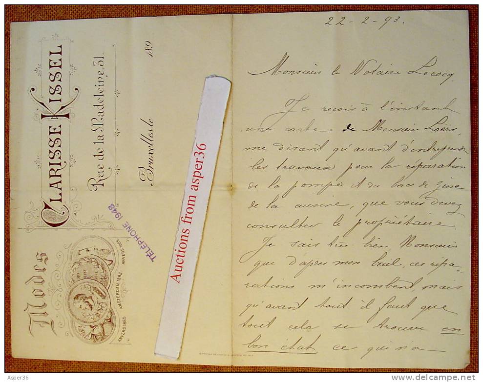 Lettre "Modes, Clarisse Kissel, Bruxelles 1893" - 1800 – 1899