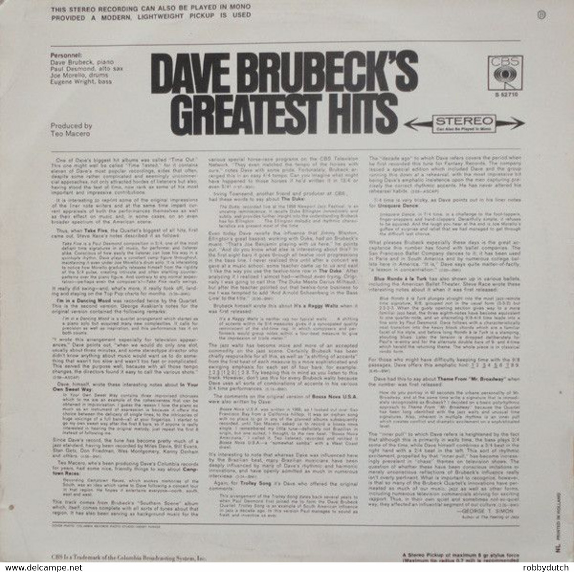 * LP * DAVE BRUBECK'S GREATEST HITS (Holland 1966) - Jazz