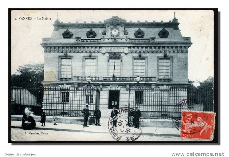 92 VANVES, Mairie, Animée, CPA Voyagé 1910, Ed Marmuse -3-, Pli Bord Droit - Vanves