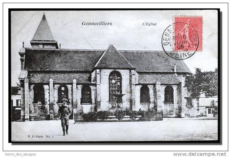 92 GENNEVILLIERS, L'Eglise, Animée, CPA Voyagé 1905, Ed VP -3- - Gennevilliers