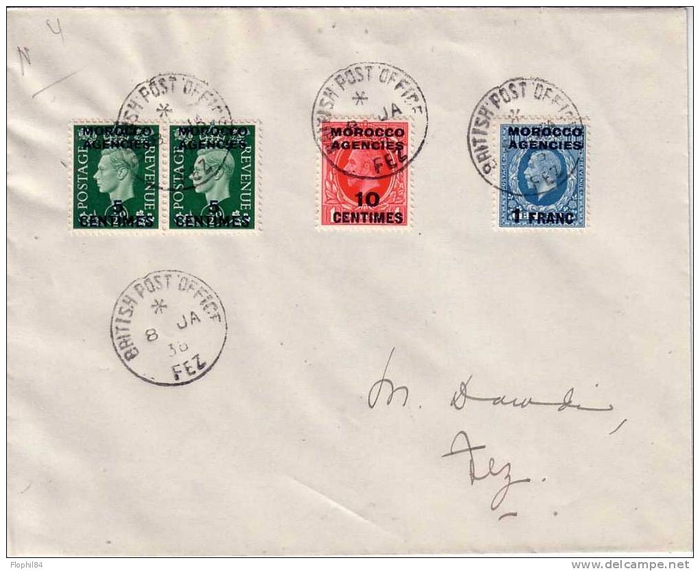 MAROC-FEZ BRITISH POST OFFICE DU 8-1-1938 - TIMBRE DE LA GRANDE BRETAGNE AVEC SURCHARGE MAROCCO AGENCIES - Maroc (1956-...)