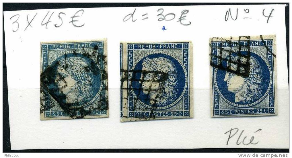 France  4  25c Bleu : Lot De 3 Timbres Dont Un Avec Voisin - 1849-1850 Cérès