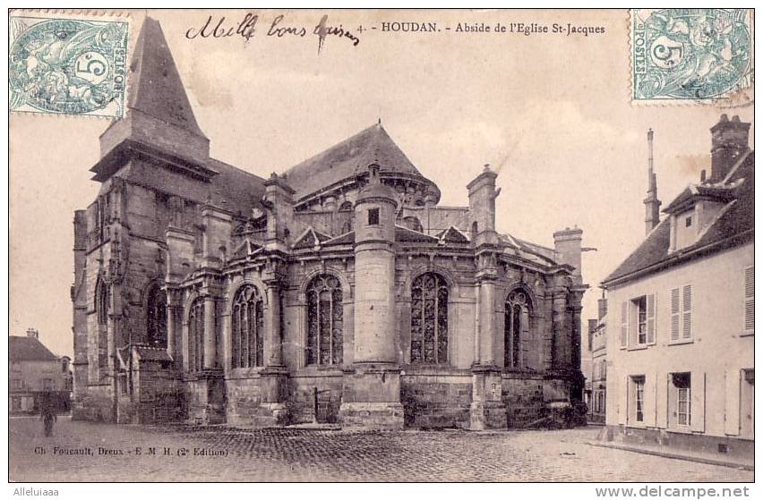 CPA Belle Carte FRANCE HOUDAN  Abiide De L'Eglise St-Jacque - ANIMEE Tampon 1906 - Houdan