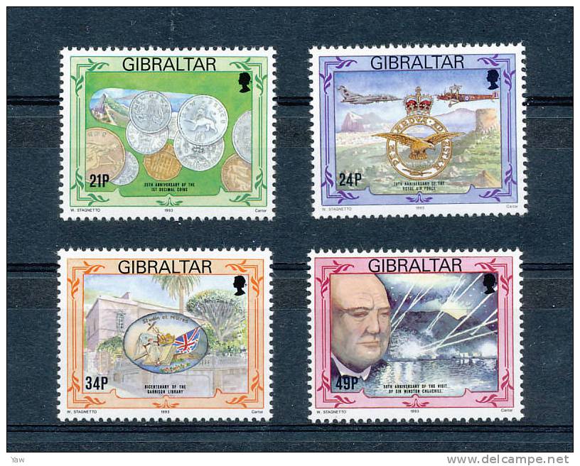GIBILTERRA 1993  4 ANNIVERSARI: Moneta Valore Decimale, RAF, Bibl.Garrison, W.Chuechill. FULL SERIE MNH** YT 684/87 - Sir Winston Churchill