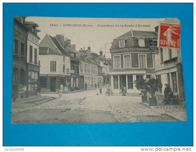 27) Conches - N° 1087 - Carrefour De La Route D'evreux - Hotel Du Cheval Gris " E.AMEL - Année 1911 - EDIT Loncle - Conches-en-Ouche