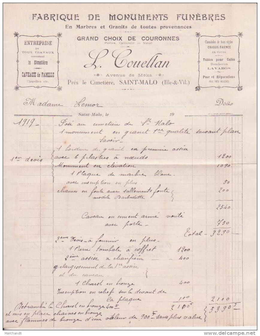 FISCAUX SUR DOCUMENT .FABRIQUE DE MONUMENTS FUNEBRES ST MALO 35.TAXE-PAYEMENT BANDE DE TAXE LE 1er 9 SUR LA LIGNE DES 0 - Cartas & Documentos