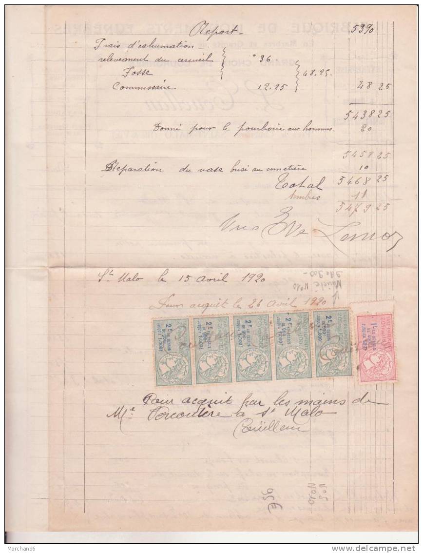 FISCAUX SUR DOCUMENT .FABRIQUE DE MONUMENTS FUNEBRES ST MALO 35.TAXE-PAYEMENT BANDE DE TAXE LE 1er 9 SUR LA LIGNE DES 0 - Lettres & Documents