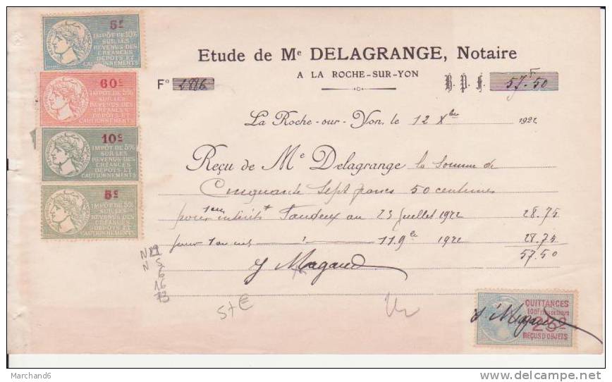 FISCAUX SUR DOCUMENT .NOTAIRE LA ROCHE SUR YON 85.QUITTANCES_IMPOTS SUR LE REVENU - Storia Postale