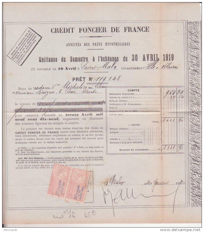 FISCAUX SUR DOCUMENT .CREDIT FONCIER DE FRANCE ST MALO 35.TAXE-PAYEMENT Se Tenant - Lettres & Documents