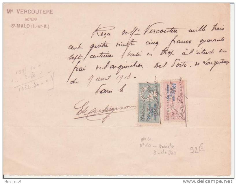 FISCAUX SUR DOCUMENT .NOTAIRE SAINT MALO 35.TAXE-PAYEMENT 9 DE 900F - Cartas & Documentos