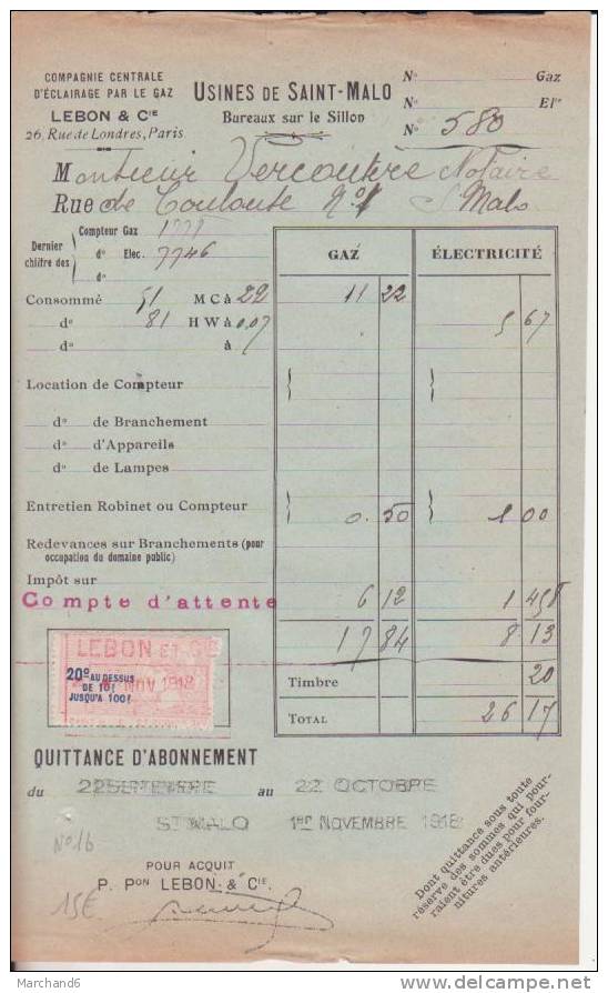 FISCAUX SUR DOCUMENT .COMPAGNIE CENTRALE D ECLAIRAGE PAR LE GAZ SAINT MALO 35.TAXE-PAYEMENT - Briefe U. Dokumente