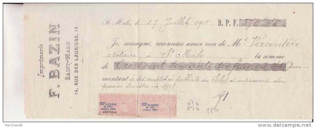 FISCAUX SUR DOCUMENT .IMPRIMERIE F.BAZIN SAINT MALO 35.TAXE-PAYEMENT - Storia Postale