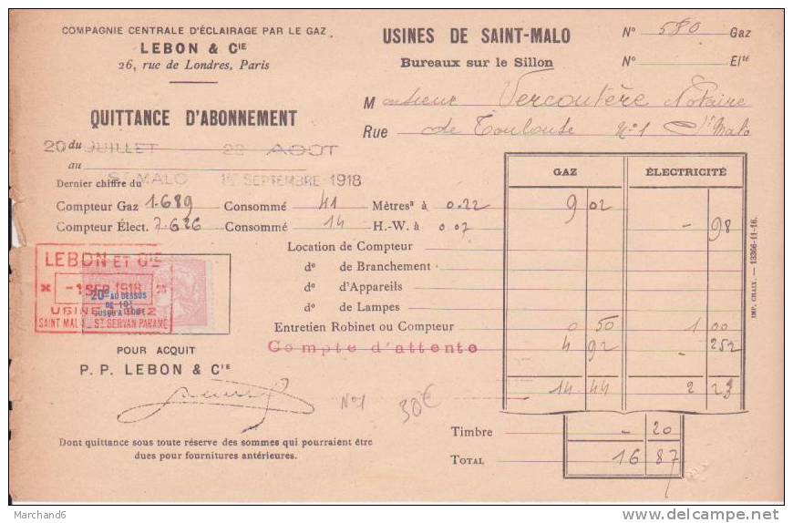 FISCAUX SUR DOCUMENT .COMPAGNIE CENTRALE D ECLAIRAGE PAR LE GAZ  SAINT MALO 35.TAXE-PAYEMENT - Cartas & Documentos