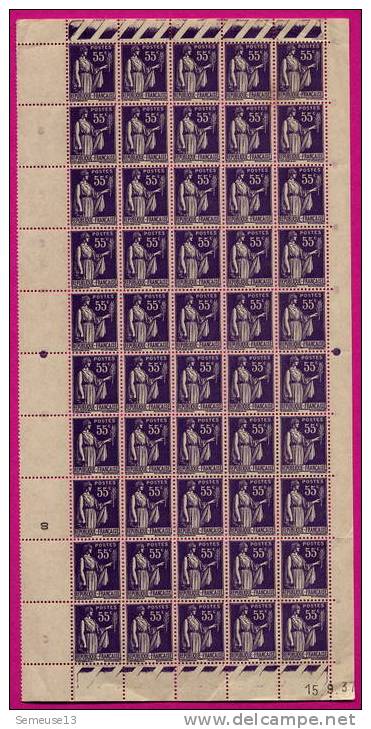 Type Paix 55 C. Violet En Panneau Demi-feuille De 50 Timbres Coin Daté Du 15.9.37 - 1932-39 Vrede