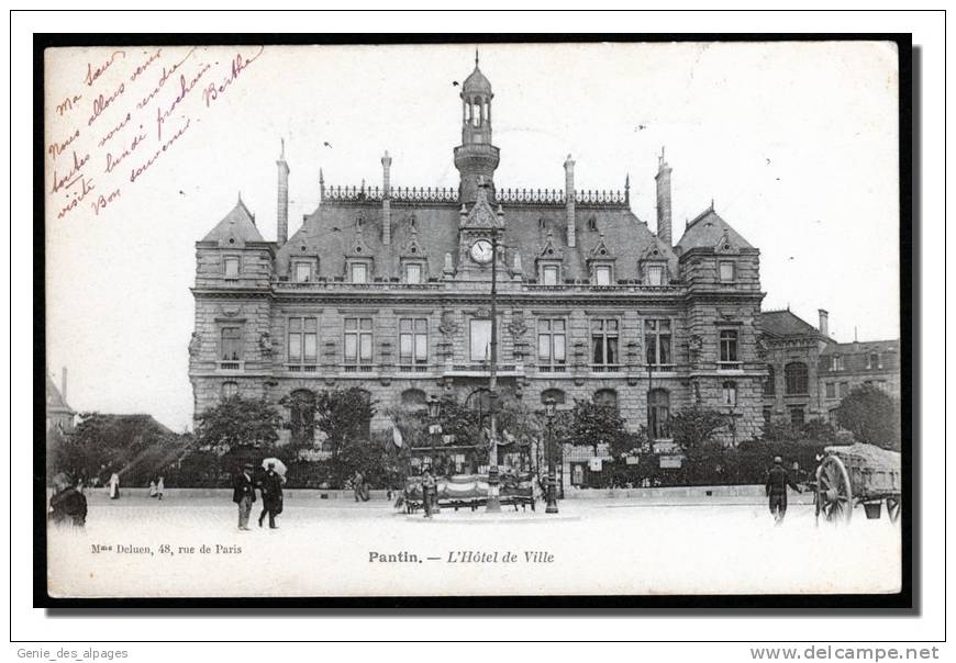 93 PANTIN, L'Hôtel De Ville, Animée, Ed Mme Deluen, Dos 1900, Voyagé En 1904, Phototypie Davignon - Pantin