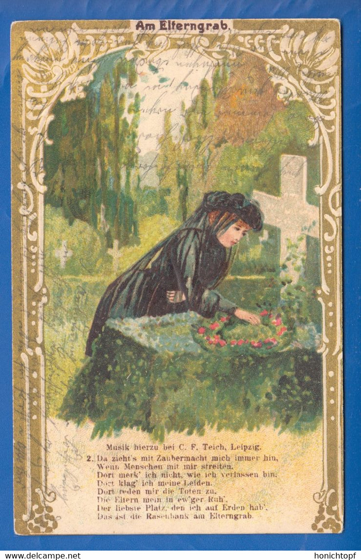 Fantaisie; Am Elterngrab; Musik C. F. Teich; Prägekarte; Litho; 1907 Stempel Toftlund - Beerdigungen