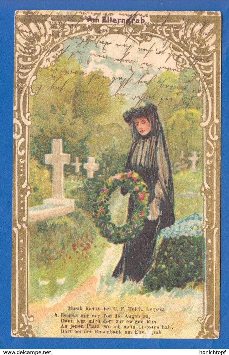 Fantaisie; Am Elterngrab; Musik C. F. Teich; Prägekarte; Litho; 1903 Stempel Toftlund - Funeral