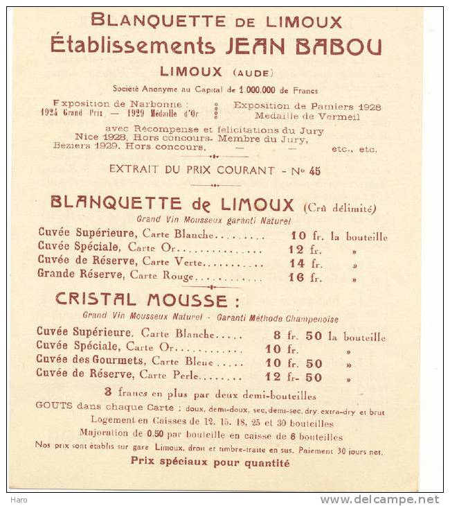 Lettre à Entête - "Blanquette De Limoux " Ets Jean Babou + Tarif - Vin - Other & Unclassified