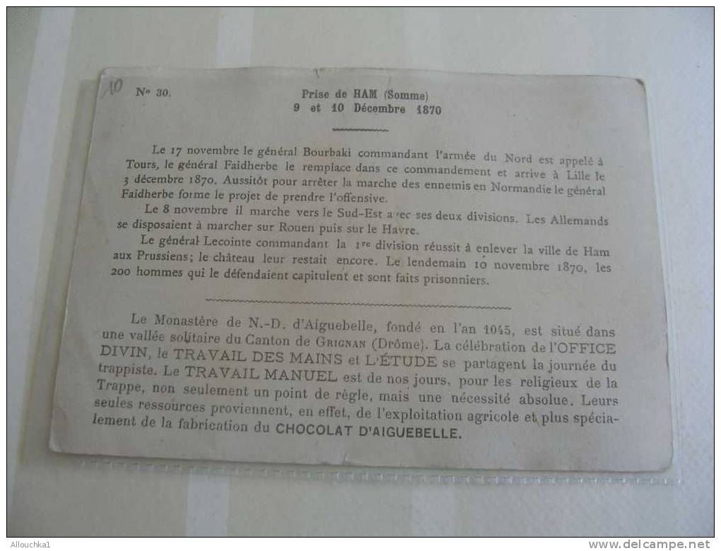 CHROMOS & IMAGES PUBLICITAIRES :" CHOCOLAT CACAO D' AIGUEBELLE MONASTERE DETRAPPE/DONZERE DROME 26 "PRISE DU FORT HAM  " - Aiguebelle