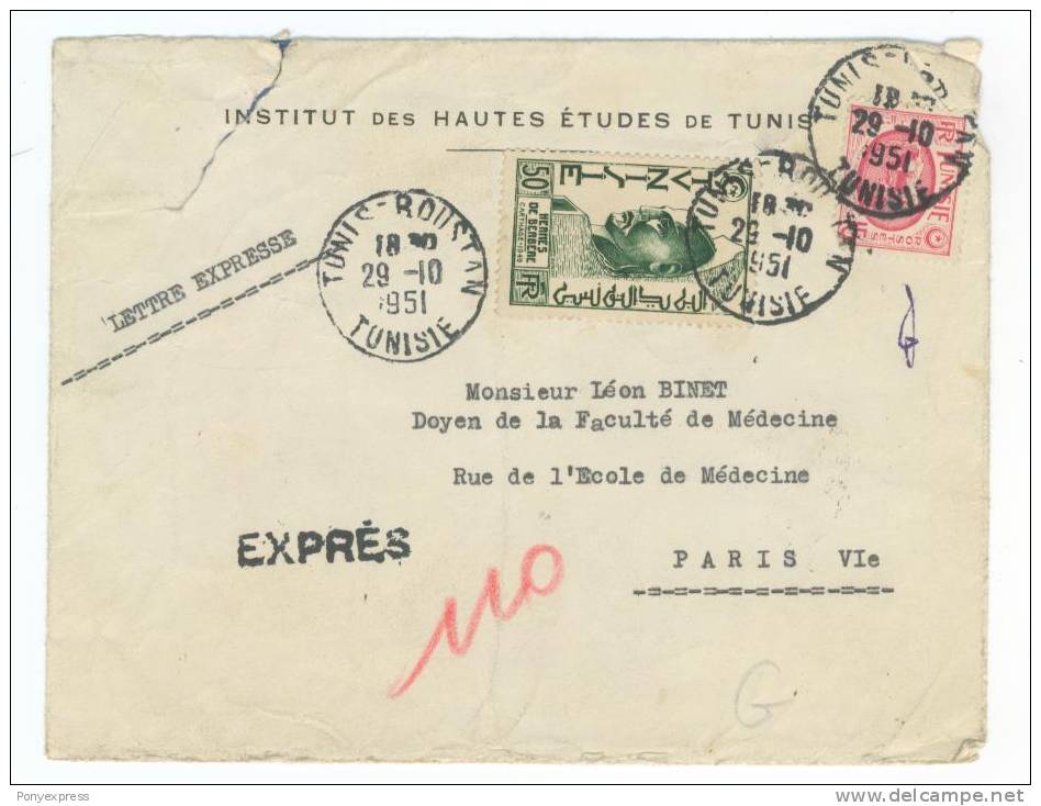 Tunisie Lettre En Exprès De 1951 (Hermès De Berbere) - Covers & Documents