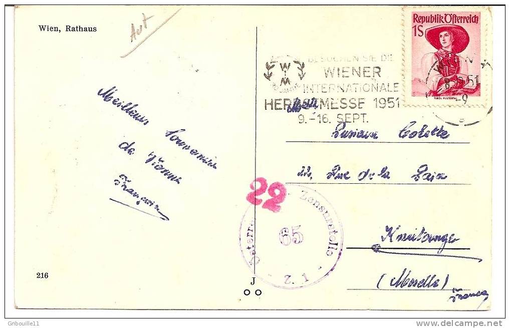 WIEN  -  ** RATHAUS **  -  VERLAG : J.O.O.  N° 216  Mit Österreich  ZENSURSTELLE 65 VOM 08 09 1951 - Vienna Center