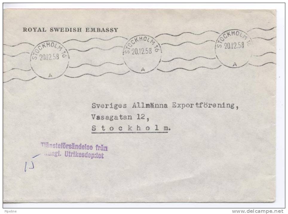 Sweden Cover ROYAL SWEDISH EMBASSY 20-12-1958 Sent Without Stamps - Lettres & Documents